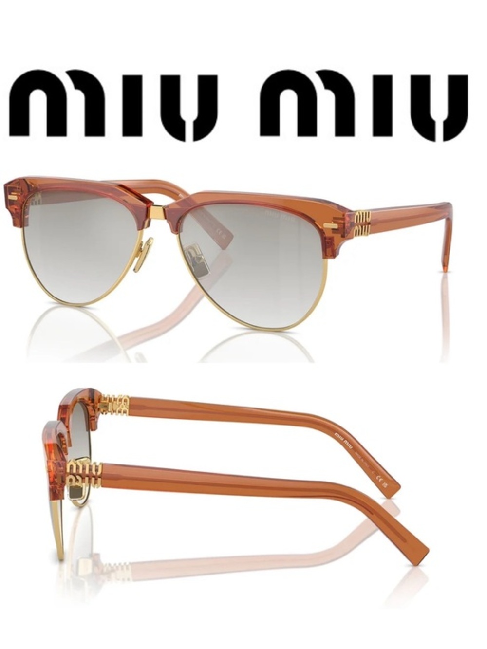Miu Miu MUO9Z Browline Amber Transparent Cat-Eye Sunglasses $541 NWT